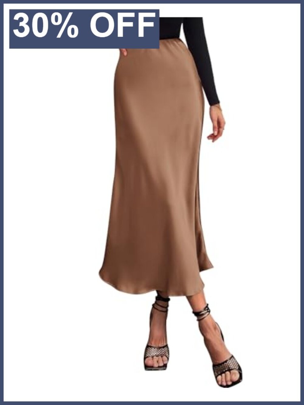 Satin A-Line Midi Skirt High Waisted Ruffle Hem Business Casual